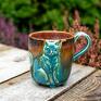 ceramika na prezent kubki handmade ceramiczny duży kubek z kotem - rdzawy turkus
