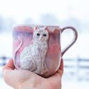 Handmade Ceramiczny duży kubek z kotem - Różowy sen Peony ok 500ml Biały
