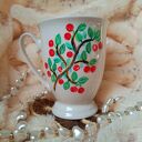 Kubek śniadaniowy z wiśniowym mazurkiem - ręcznie malowana porcelana