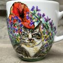 Porcelanowy kubek ręcznie malowany Koty i kwiaty (300 ml)