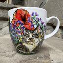 Porcelanowy kubek ręcznie malowany Koty i kwiaty (300 ml)