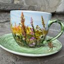 Porcelanowa filiżanka ręcznie malowana Łąka 250 ml ze spodkiem