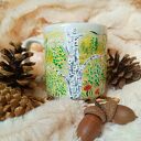 Kubek makolągwy i brzozy w pejzażu - ręcznie malowany kubek z porcelany 270 ml