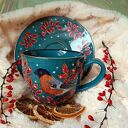 Barwny ręcznie malowany komplet z gilem 300 ml - porcelana z ptasim pejzażem