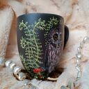 Ręcznie malowana sówka i runo leśne - kubek z porcelany 400 ml