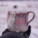 Handmade ceramiczny duży kubek z kotem - różowy sen Peony, ok. 500 ml