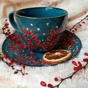 Barwny ręcznie malowany komplet z gilem 300 ml - porcelana z ptasim pejzażem