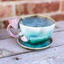 Filiżanka handmade z grzybkami - zielone poszycie, ok 370 ml