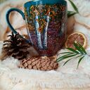 Kubek 400 ml - pejzaż leśny z liskiem na wrzosowisku - rękodzieło na porcelanie