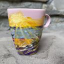 Różowy porcelanowy kubek ręcznie malowany - Zachód słońca nad morzem (350 ml)