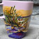 Różowy porcelanowy kubek ręcznie malowany - Zachód słońca nad morzem (350 ml)