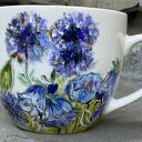 Porcelanowa filiżanka ręcznie malowana - niebieskie kwiaty (250 ml) ze spodkiem