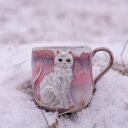 Handmade ceramiczny duży kubek z kotem - różowy sen Peony, ok. 500 ml