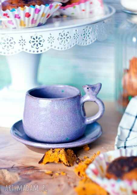 Lawendowy kubek z ptaszkiem, filiżanka fioletowa