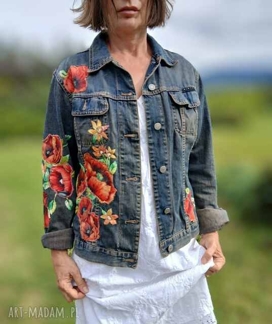 Jeansowa kurtka z haftem i aplikacjami maki