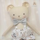 Miś Antoś - przytulanka handmade 39 cm w białych spodenkach w leśne wzorki
