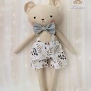 Miś Antoś - przytulanka handmade 39 cm w białych spodenkach w leśne wzorki