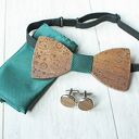 Zestaw drewniana muszka poszetka spinki PAISLEY zieleń