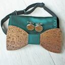 Zestaw drewniana muszka poszetka spinki PAISLEY zieleń