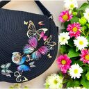 Okrągła torebka boho na ramię - handmade ze sznurka z haftem motyli