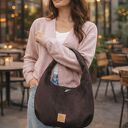 Torebka Hobo z zamszu tapicerskiego Czekoladowa na ramię - handmade
