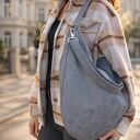 Zamszowa duża torba worek na ramię - szara handmade