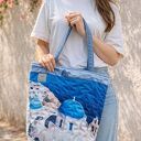 Pikowana duża torba shopper Santorini na ramię z weluru i sztruksu - niebieska, z zamkiem