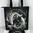 Czarna torebka shopper z kosmetyczką - wzór Zodiak Ryby