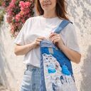 Pikowana duża torba shopper Santorini na ramię z weluru i sztruksu - niebieska, z zamkiem
