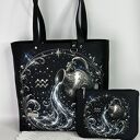 Czarna torebka shopper z ekoskóry i kosmetyczka - wzór: Zodiak Wodnik