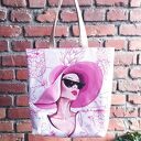 Ręcznie robiona torba shopper na lato z grafiką kobiety w kapeluszu - plażowa i pojemna