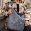 Zamszowa duża torba worek na ramię - szara handmade