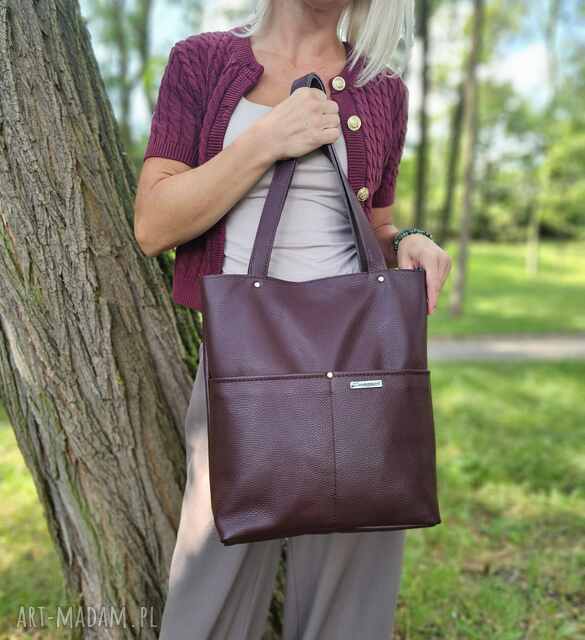 Torba typu shopper w kolorze burgundowym - skóra naturalna