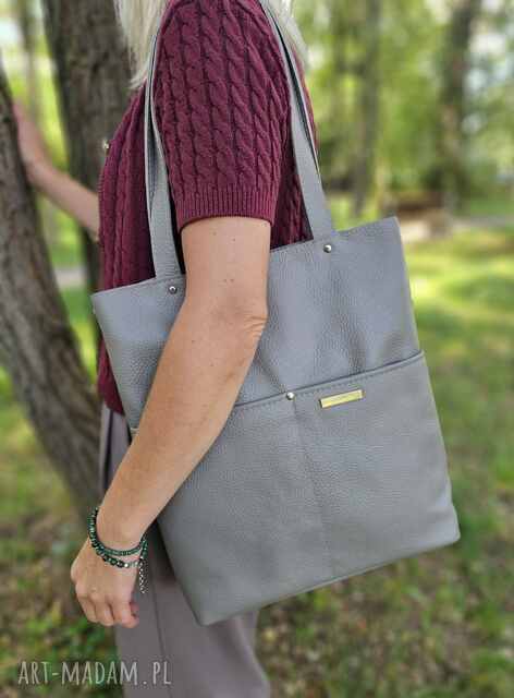 Torba shopper w kolorze szarym - skóra naturalna