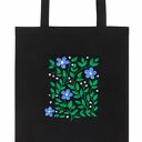 🌼 Czarna bawełniana torba z ręcznie haftowanym motywem niebieskich kwiatów