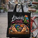 Torba shopper Łowicki Chill 50x50 - czarna wodoodporna z nadrukiem folk