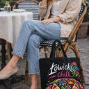 Torba shopper Łowicki Chill 50x50 - czarna wodoodporna z nadrukiem folk