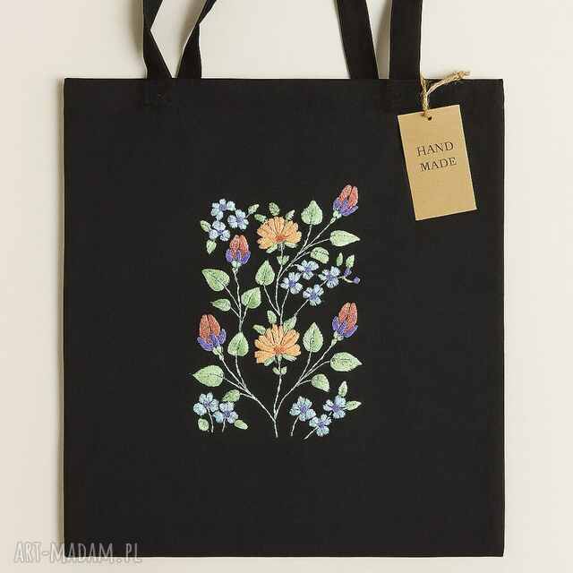 🌼 Torba z haftem polnych kwiatów - czarna ekologiczna torba na zakupy na ramię