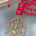 Naszyjnik Czerwony Vintage Z Zawieszka Dużą Wisior Floral 25.160