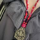 Naszyjnik Czerwony Vintage Z Zawieszka Dużą Wisior Floral 25.160