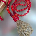 Naszyjnik Czerwony Vintage Z Zawieszka Dużą Wisior Floral 25.160