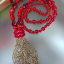 Naszyjnik Czerwony Vintage Z Zawieszka Dużą Wisior Floral 25.160