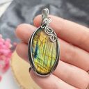 Naszyjnik Labradoryt stal chirurgiczna wisiorek handmade wirewrapping