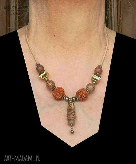 Agat DZI i rudraksha w niezwykłym etnicznym naszyjniku unikat handmade UNISEX, super prezent