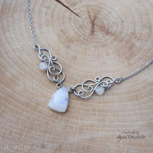 Naszyjnik kamień księżycowy, wire wrapping, stal chirurgiczna