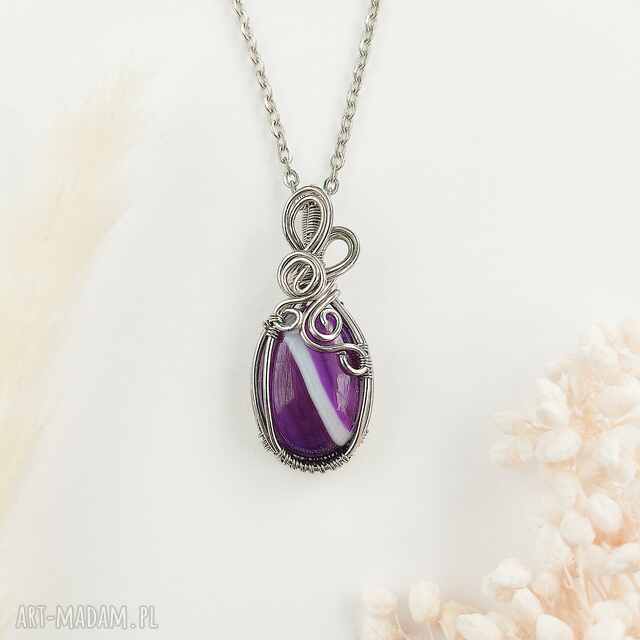 Naszyjnik Agat Fioletowy stal chirurgiczna wisiorek handmade wirewrapping