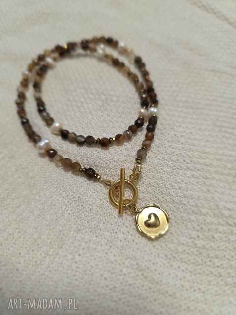 Naszyjnik agat łaciaty brąz, perła, z sercem