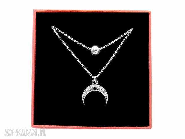 Srebrny podwójny naszyjnik księżyc czarny jet pudełko