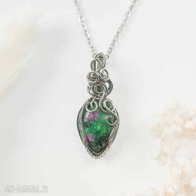 Naszyjnik Zoisyt z Rubinem stal chirurgiczna wisiorek handmade wirewrapping