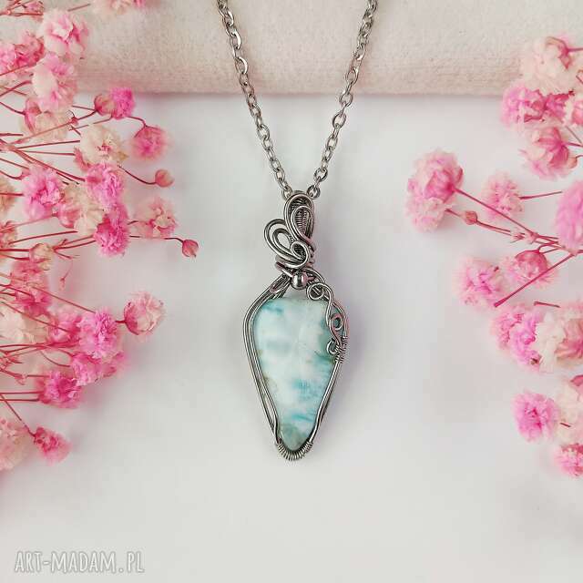 Naszyjnik Larimar stal chirurgiczna wisiorek handmade wirewrapping